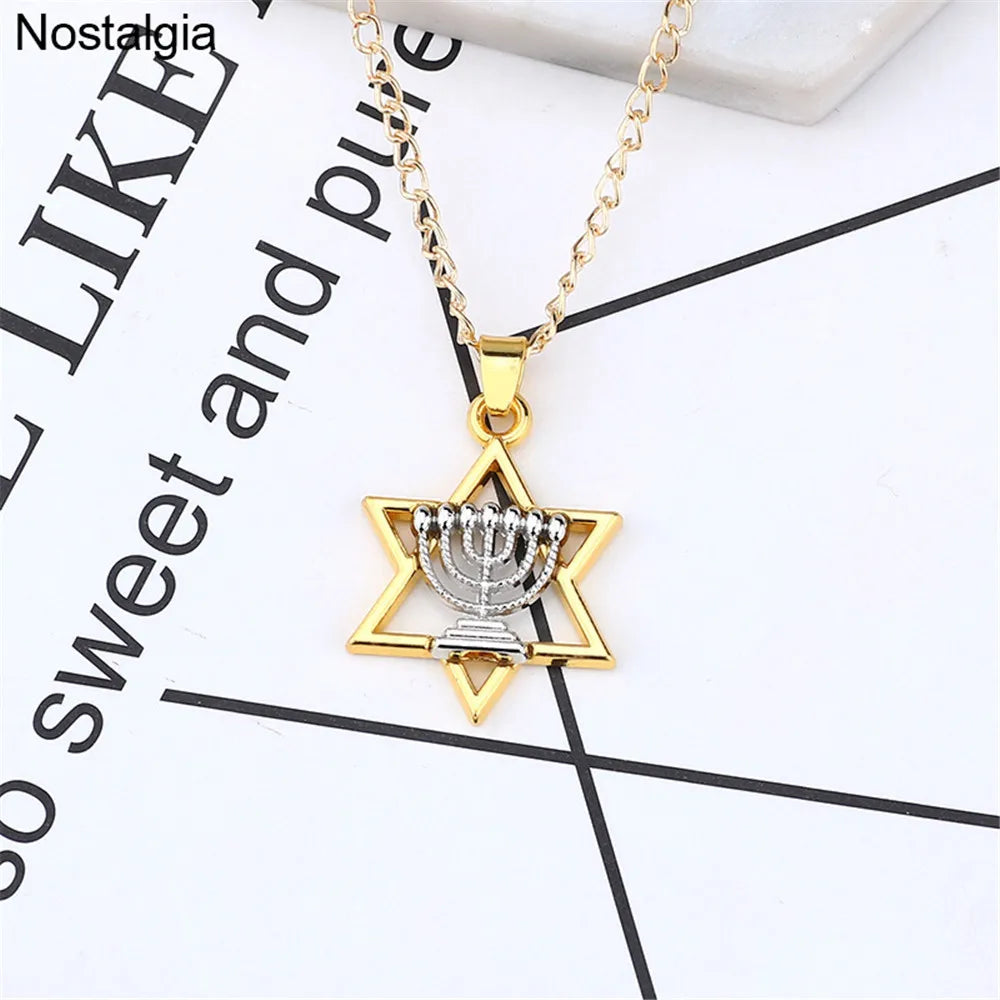 Star Of David Menorah Jewish Jewelery Religious Necklace Women Hebrew Men Judaica Hebrew Israel Faith Lamp Hanukkah Pendant