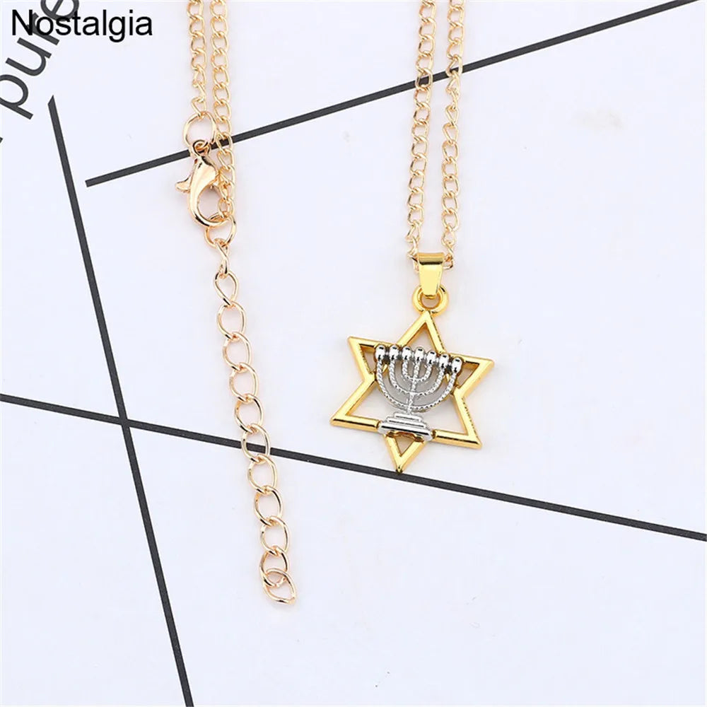 Star Of David Menorah Jewish Jewelery Religious Necklace Women Hebrew Men Judaica Hebrew Israel Faith Lamp Hanukkah Pendant