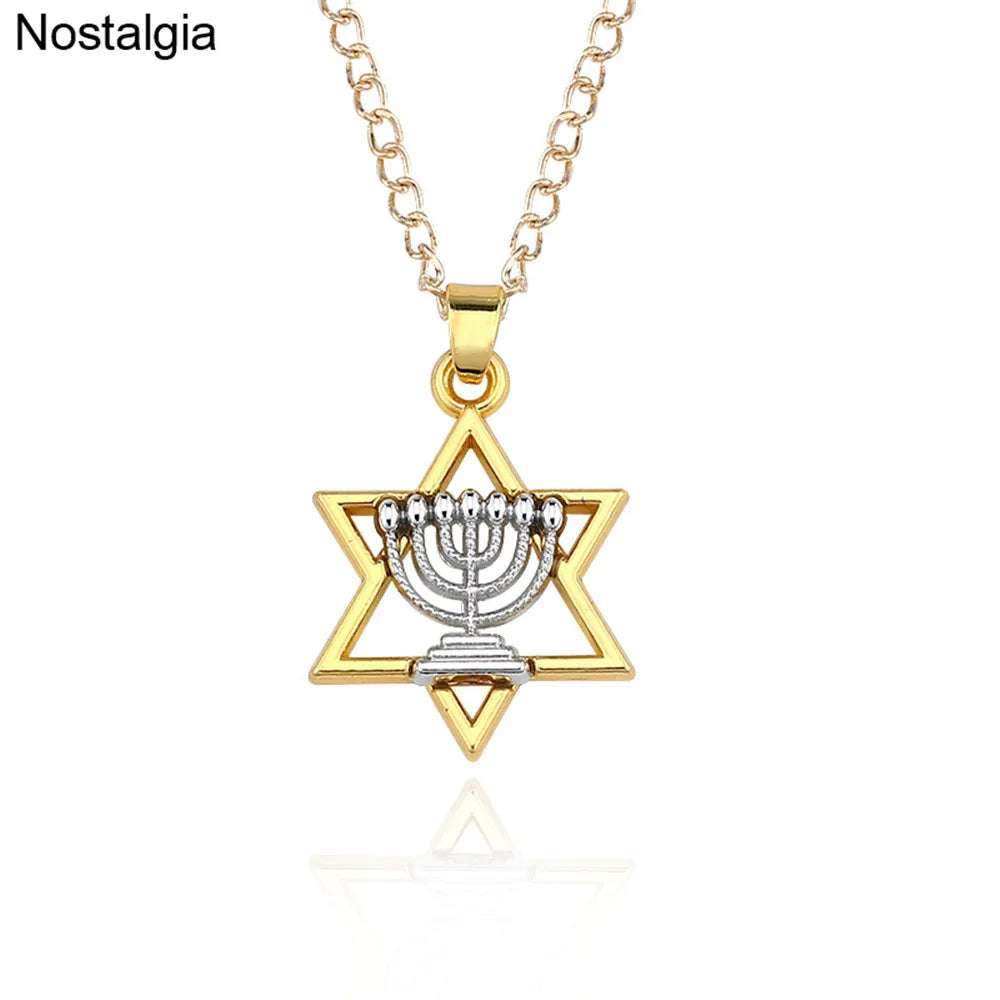 Star Of David Menorah Jewish Jewelery Religious Necklace Women Hebrew Men Judaica Hebrew Israel Faith Lamp Hanukkah Pendant