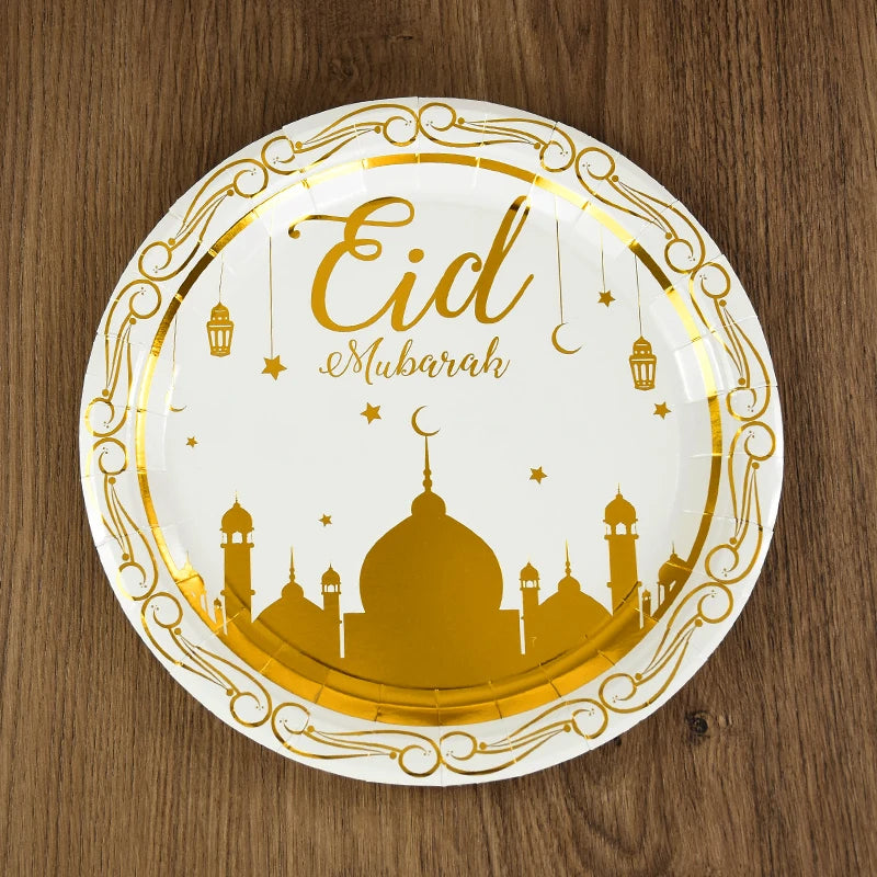 Eid Mubarak Disposable Tableware Gold Plate Cup Banner Gift Bags Islamic Muslim Party Supplies 2024 Ramadan Kareem Decorations