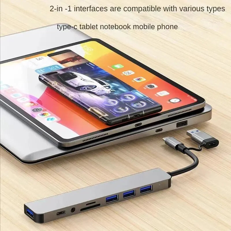 8 In 2 USB HUB With Splitter Card Reader, USB C Port, USB 3.0 / 2.0, SD/TF Splitter Card Reader, Docking Station