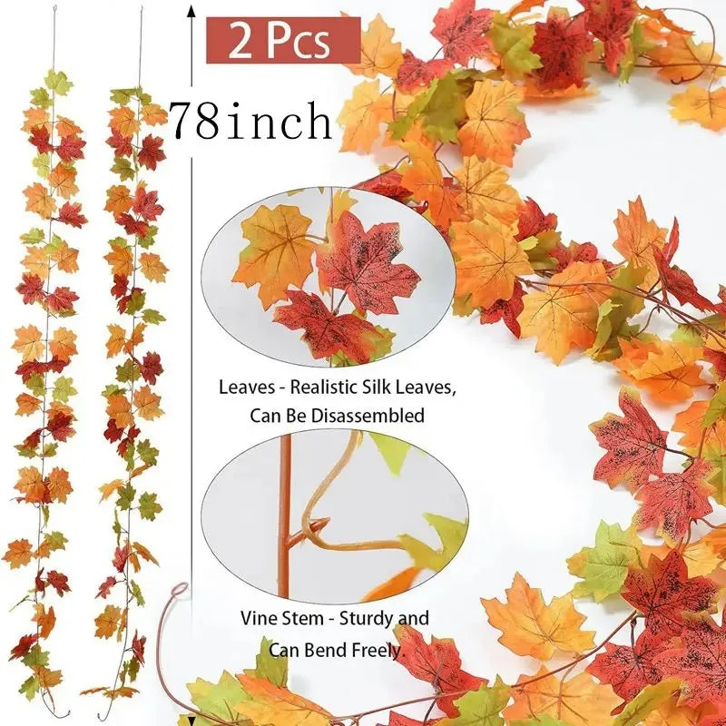 2M Artificial Fall Maple Leaf Garland Fake Plants Autumn Decor Leaves Vine for Thanksgiving Halloween Festivals Wedding Decora