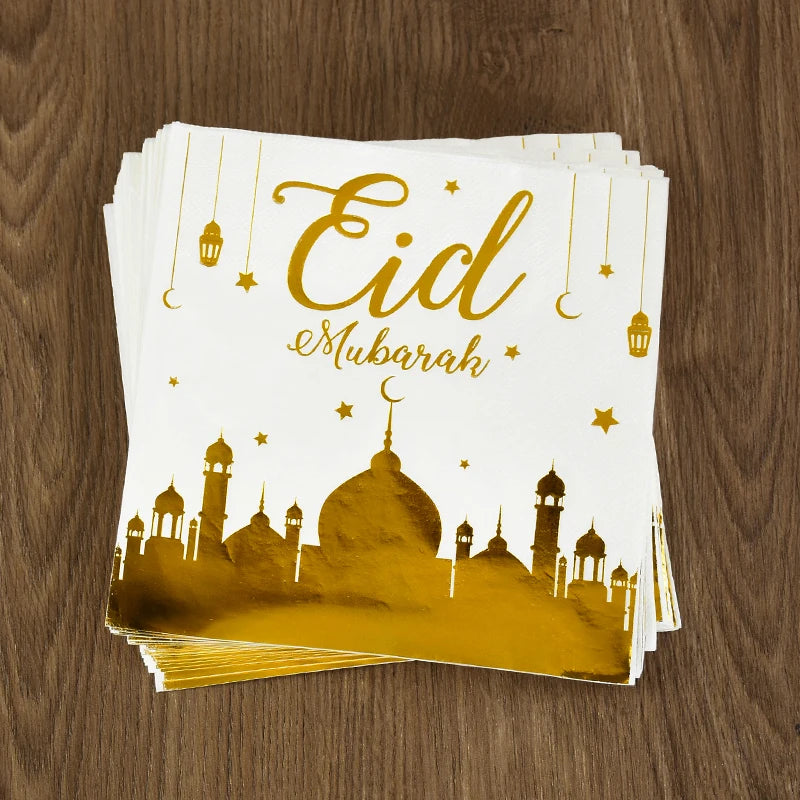 Eid Mubarak Disposable Tableware Gold Plate Cup Banner Gift Bags Islamic Muslim Party Supplies 2024 Ramadan Kareem Decorations