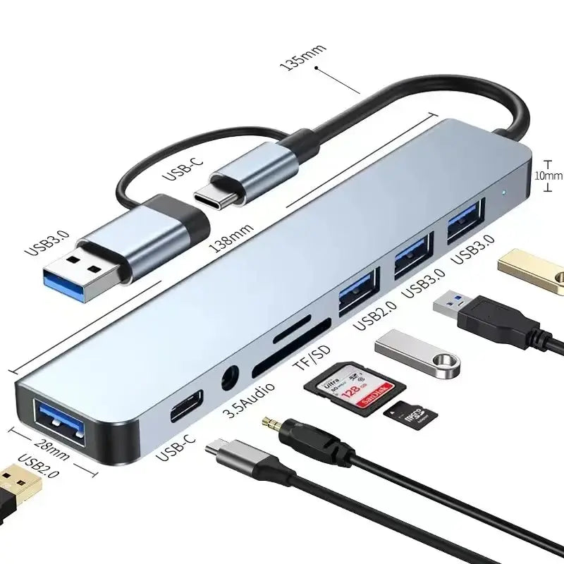 8 In 2 USB HUB With Splitter Card Reader, USB C Port, USB 3.0 / 2.0, SD/TF Splitter Card Reader, Docking Station