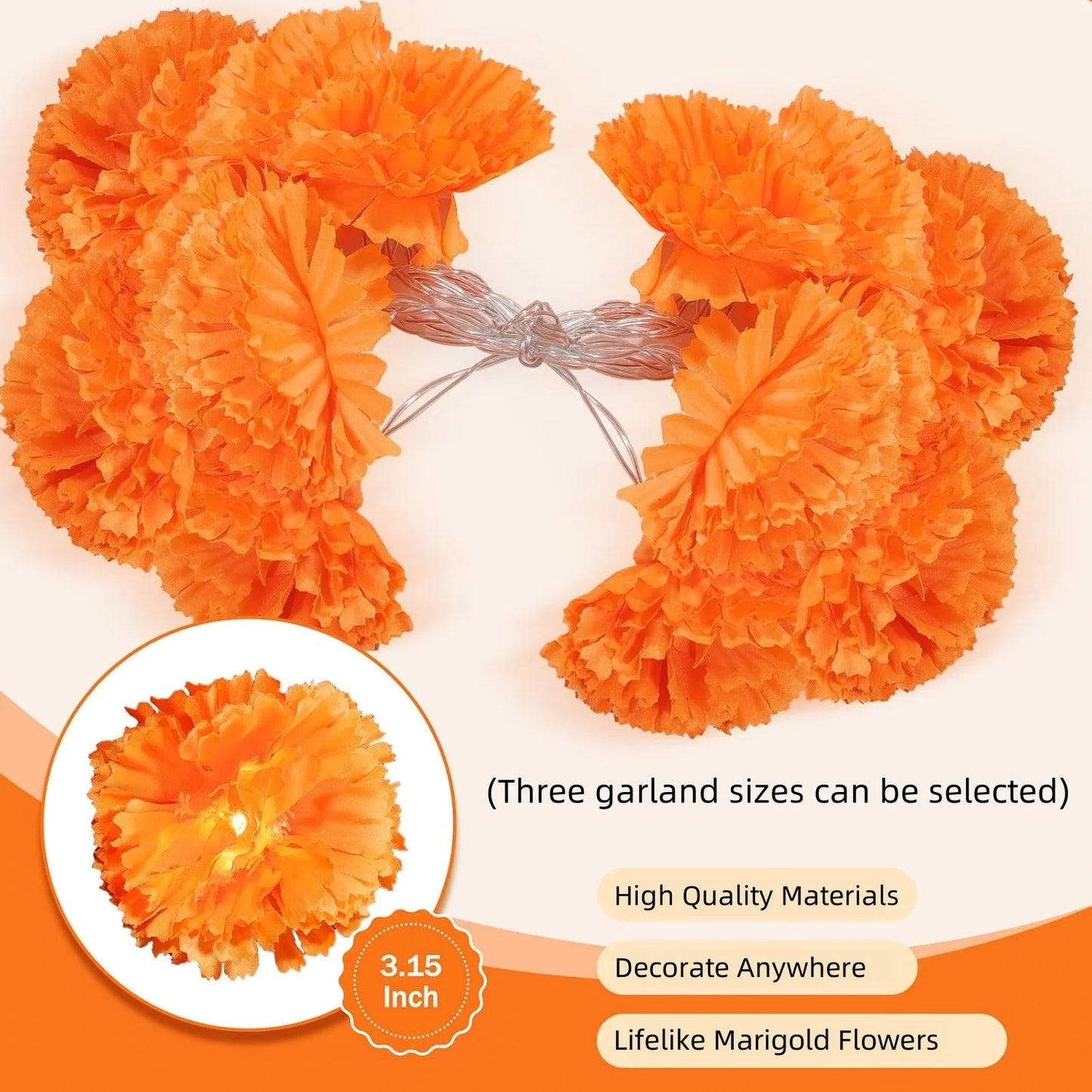 2-10Pack Marigold Garland Lighted Artificial Marigold Flowers String Light Diwali Indian Wedding Decor Halloween Day of the Dead