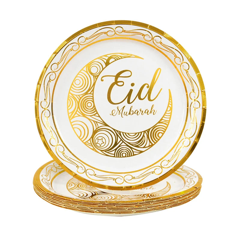 Eid Mubarak Disposable Tableware Gold Plate Cup Banner Gift Bags Islamic Muslim Party Supplies 2024 Ramadan Kareem Decorations