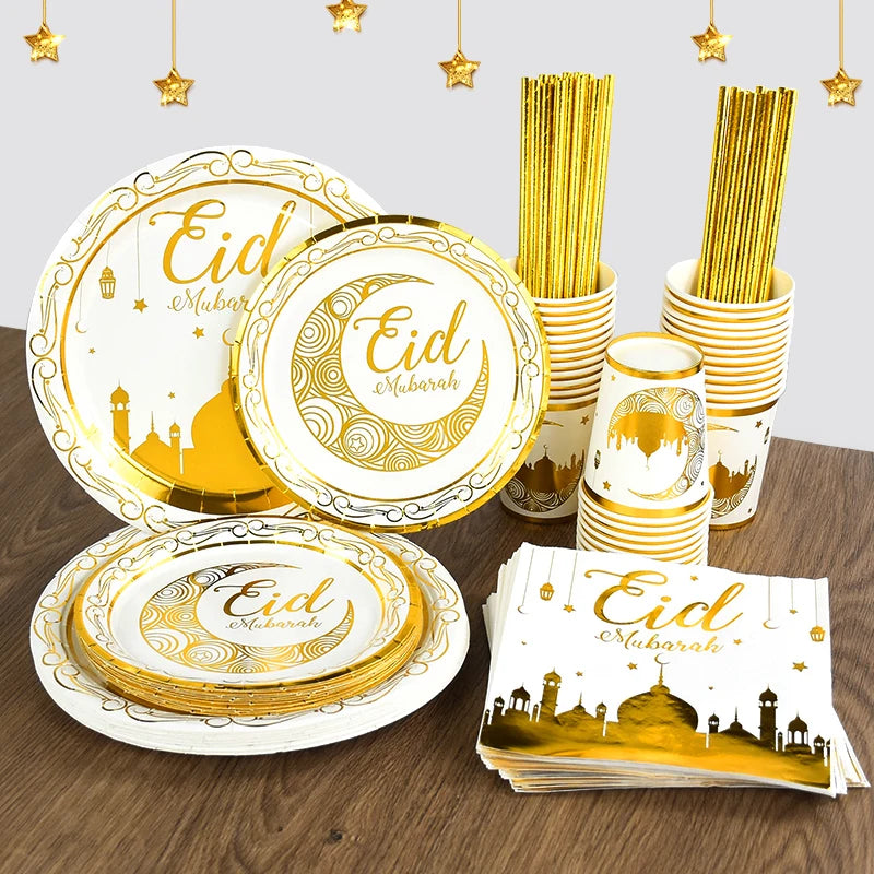 Eid Mubarak Disposable Tableware Gold Plate Cup Banner Gift Bags Islamic Muslim Party Supplies 2024 Ramadan Kareem Decorations