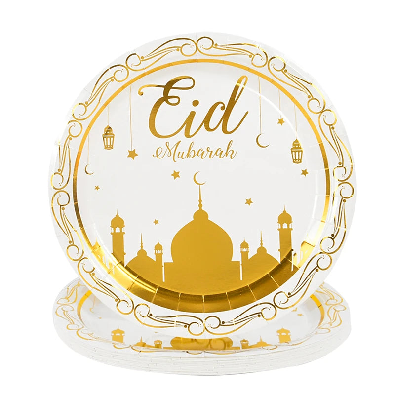 Eid Mubarak Disposable Tableware Gold Plate Cup Banner Gift Bags Islamic Muslim Party Supplies 2024 Ramadan Kareem Decorations