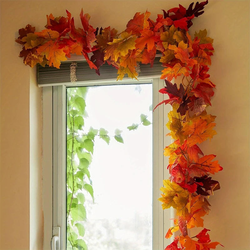 2M Artificial Fall Maple Leaf Garland Fake Plants Autumn Decor Leaves Vine for Thanksgiving Halloween Festivals Wedding Decora