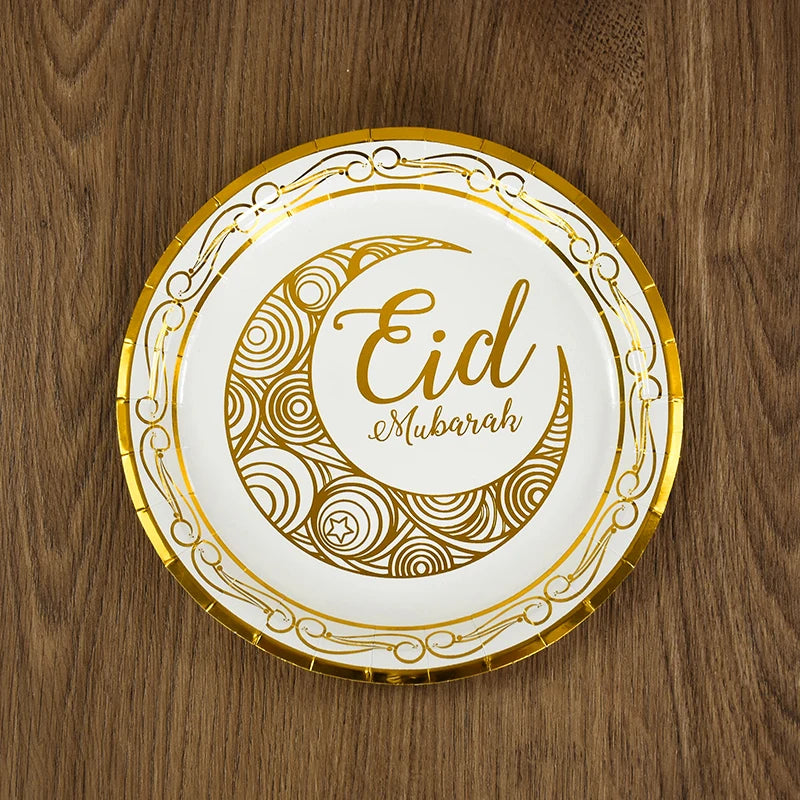 Eid Mubarak Disposable Tableware Gold Plate Cup Banner Gift Bags Islamic Muslim Party Supplies 2024 Ramadan Kareem Decorations