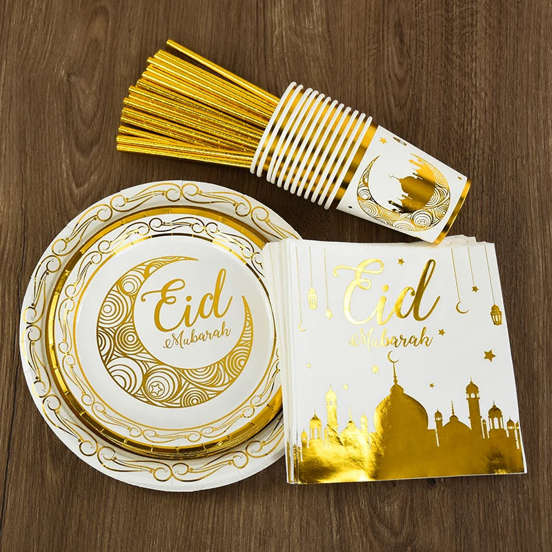 Eid Mubarak Disposable Tableware Gold Plate Cup Banner Gift Bags Islamic Muslim Party Supplies 2024 Ramadan Kareem Decorations