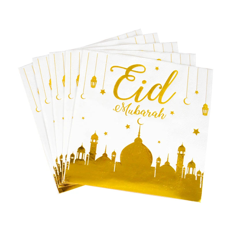 Eid Mubarak Disposable Tableware Gold Plate Cup Banner Gift Bags Islamic Muslim Party Supplies 2024 Ramadan Kareem Decorations