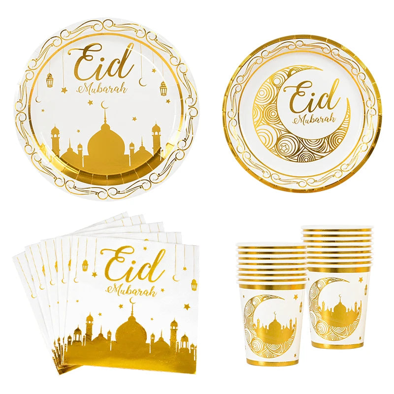 Eid Mubarak Disposable Tableware Gold Plate Cup Banner Gift Bags Islamic Muslim Party Supplies 2024 Ramadan Kareem Decorations