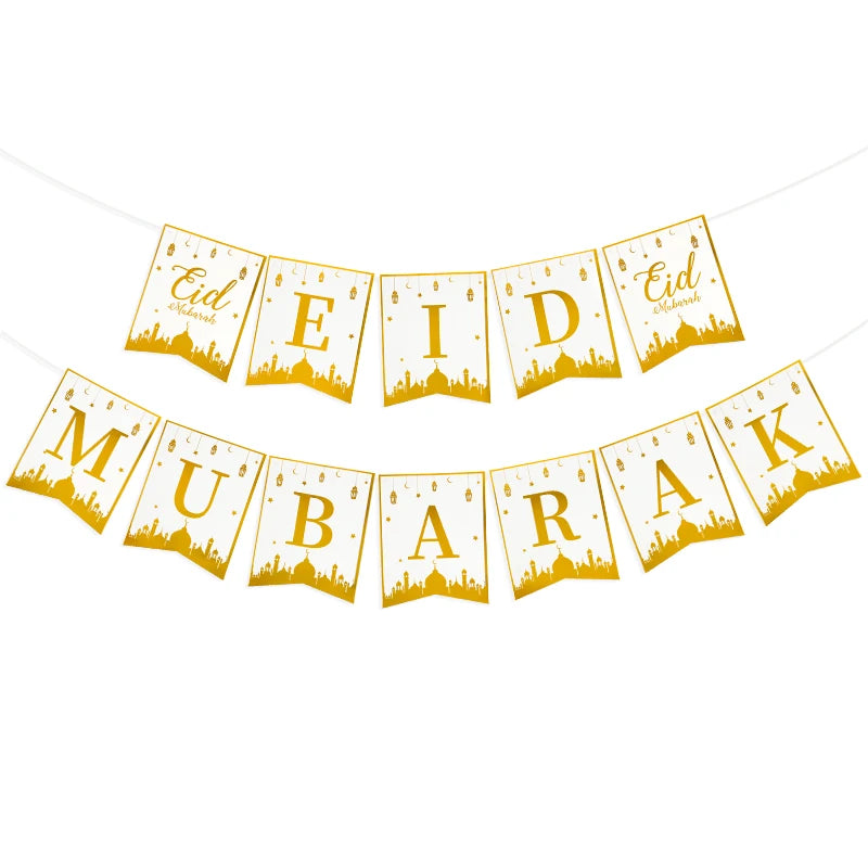 Eid Mubarak Disposable Tableware Gold Plate Cup Banner Gift Bags Islamic Muslim Party Supplies 2024 Ramadan Kareem Decorations