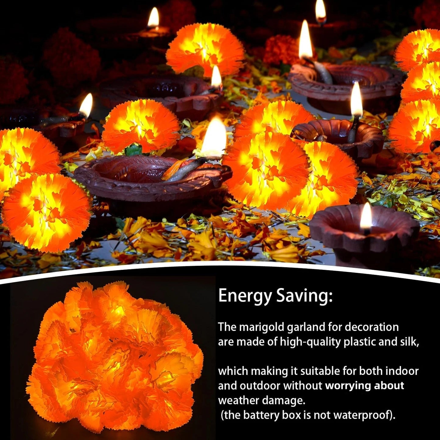 2-10Pack Marigold Garland Lighted Artificial Marigold Flowers String Light Diwali Indian Wedding Decor Halloween Day of the Dead