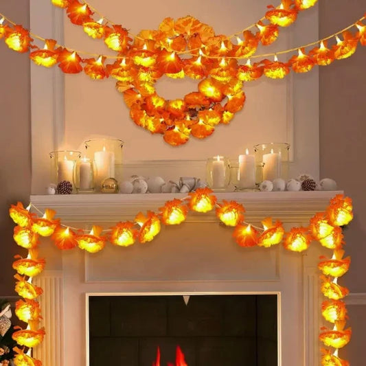 2-10Pack Marigold Garland Lighted Artificial Marigold Flowers String Light Diwali Indian Wedding Decor Halloween Day of the Dead